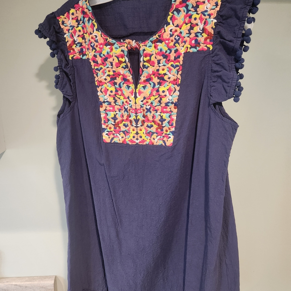 Navy Embroidered Maxi Dress with Colorful Bib and Pom-Trim Sleeves